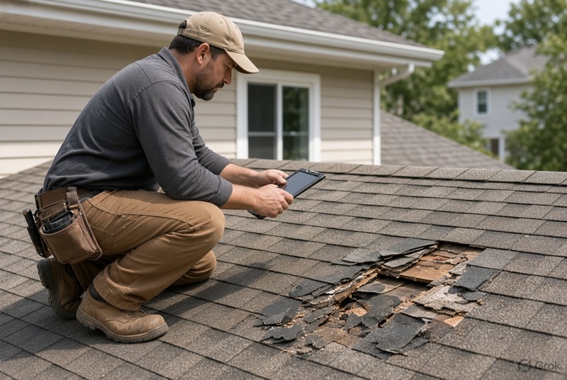 Roofer inspecting damaged shingles for repair vs replacement decision