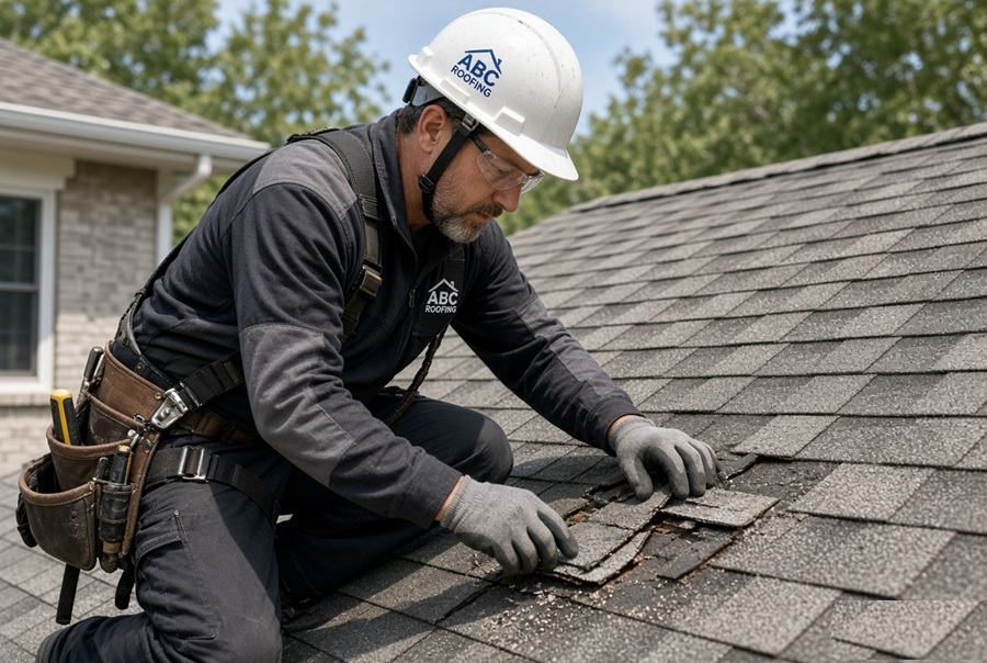 Licensed roofer inspecting shingle damage during roof repair near me