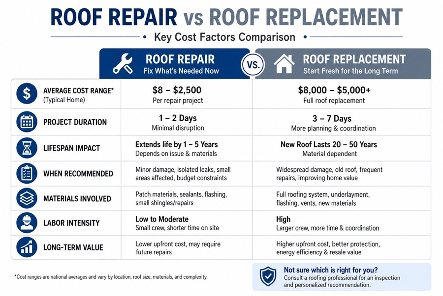 Comparison chart showing roof repair vs roof replacement cost factors